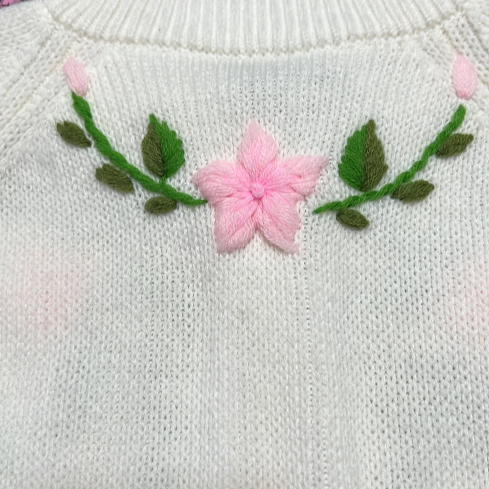 Vintage Sweater Bee By Banff White Cardigan Hand Embroidered Flowers Sz M EUC - Picture 10 of 13